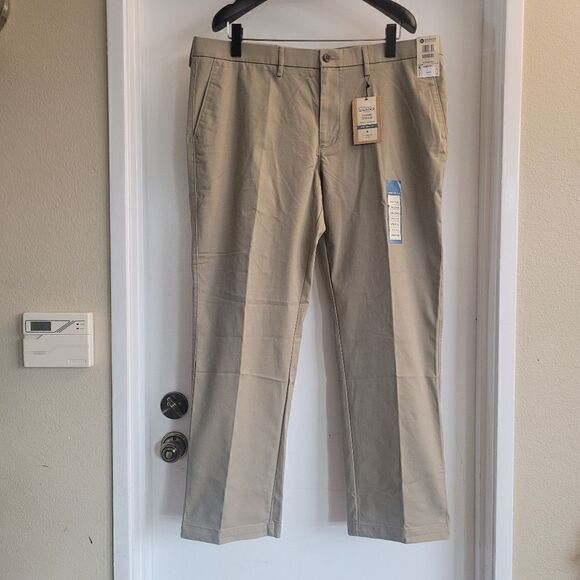 Haggar performance cotton blend flat front straight fit khaki  pants - Picture 1 of 8